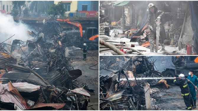 Cận cảnh hàng chục ki - ốt bị thiêu rụi sau vụ cháy dữ dội ở chợ Xanh Định Công, tiểu thương khóc nức nở vì mất trắng