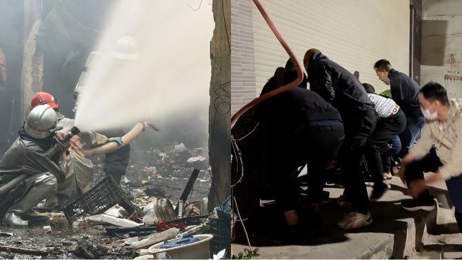 Thót tim khoảnh khắc hàng chục thanh niên cùng nhấc cửa cuốn cứu gia đình giữa vụ cháy chợ Xanh