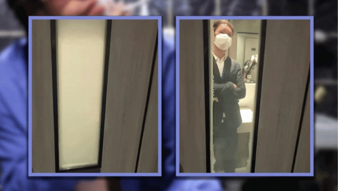 Hai trung tâm thương mại lắp cửa kính nhà wc nam chuyển trong suốt khi bên trong có người hút thuốc