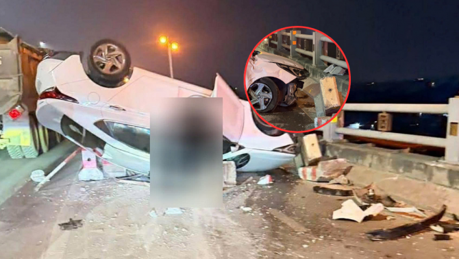 Hiện trường vụ lật úp xe con cầu Thanh Trì: CSGT thông tin nguyên nhân ban đầu