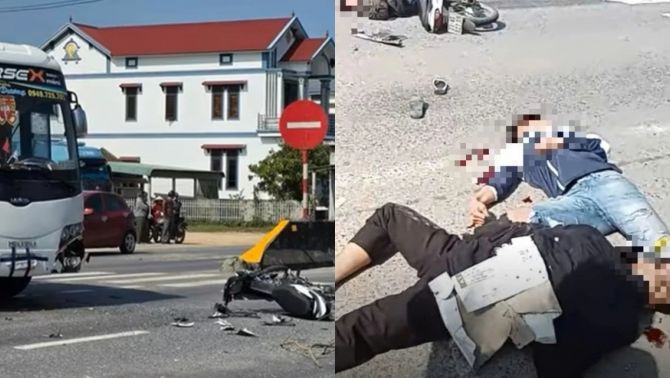 Quảng Trị: Hiện trường xe máy va chạm xe khách, danh tính 3 thiếu niên bị thương nặng nằm bất động 