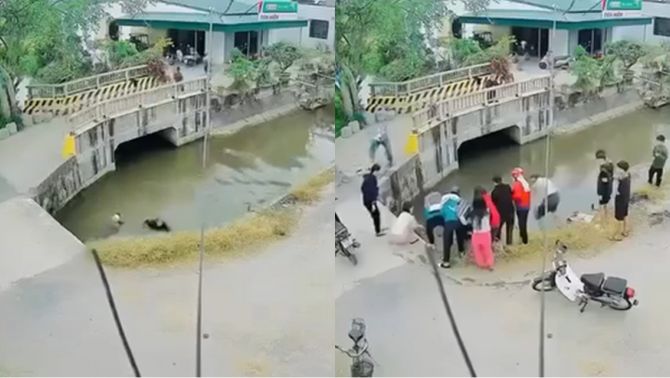 Thấy người đi xe máy lao xuống sông, bé trai có phản ứng nhanh, ai xem xong cũng phải khen ngợi