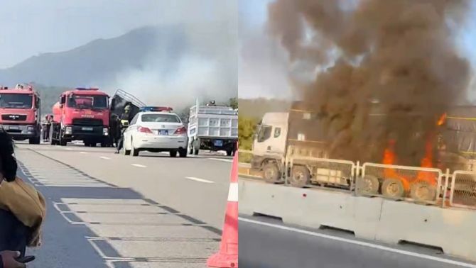 Hiện trường xe tải bất ngờ bốc cháy trên cao tốc Cam Lâm - Vĩnh Hảo,  toàn bộ hàng hóa bị thiêu rụi