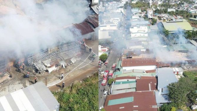 Hiện trường cháy lớn kho gạch men ở Đắk Lắk, hàng trăm người hốt hoảng di dời tài sản 