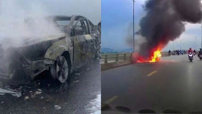 Hiện trường kinh hoàng xe ô tô 5 chỗ bị thiêu rụi trơ khung, cả gia đình tung cửa tháo chạy