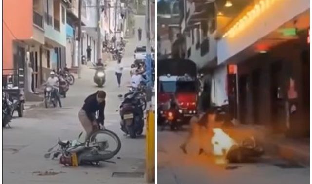 Camera ghi lại cảnh người phụ nữ ‘hóa điên’ khi phát hiện chồng ngoại tình, đốt xe máy cháy ngùn ngụt