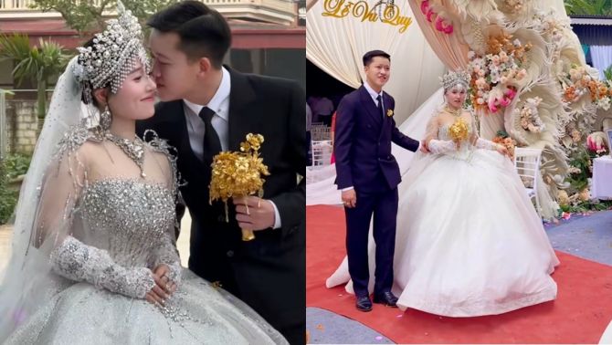 Đám cưới ở Phú Thọ ngang ngửa lễ sắc phong vương hậu, hoa cưới làm bằng vàng nguyên chất