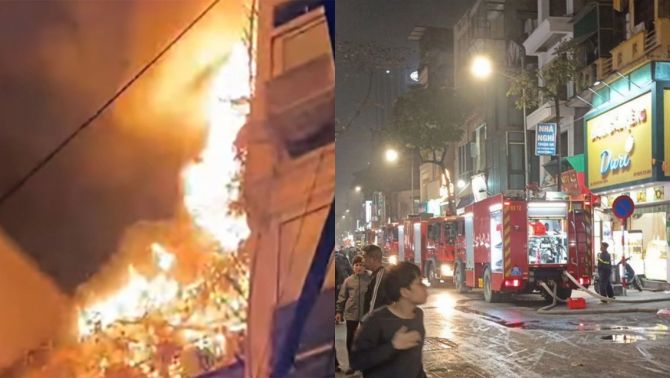 Hiện trường cháy nhà dân ở phố Hoàng Mai - Hà Nội, nhiều xe chữa cháy khẩn cấp khống chế