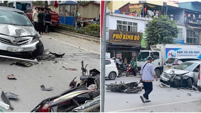 Hiện trường kinh hoàng vụ ô tô con tông liên hoàn 6 phương tiện trên phố Lê Trọng Tấn, nhiều người bị hất văng