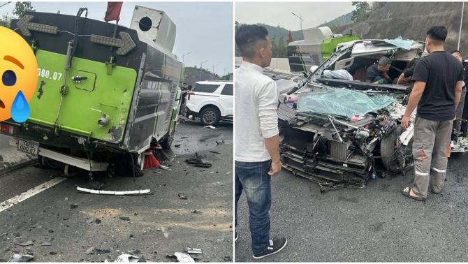 Hiện trường kinh hoàng ô tô 7 chỗ tông đuôi xe hút bụi trên cao tốc Hải Phòng - Móng Cái, tài xế mắc kẹt trong cabin