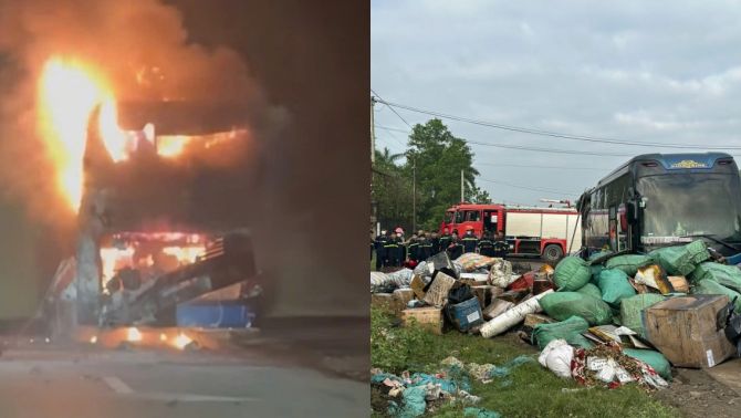 Hiện trường xe khách bất ngờ bốc cháy dữ dội ở Quảng Trị, tình hình 9 hành khách trên xe? 