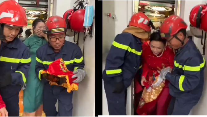 Nghẹt thở giải cứu cô dâu, chú rể kẹt trong thang máy ngay sát giờ rước dâu