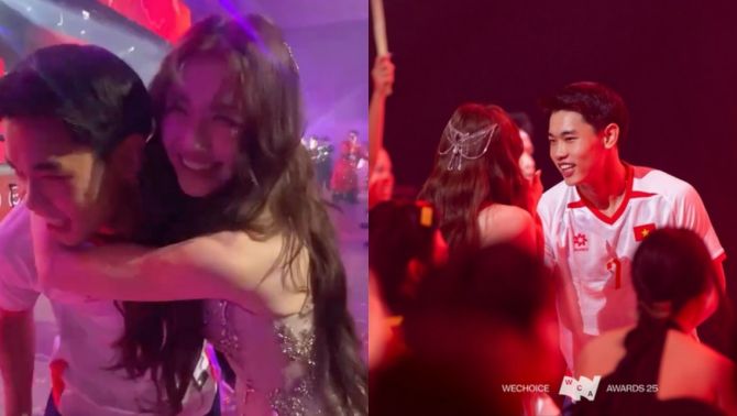 Khoảnh khắc Hoà Minzy gần gũi với cầu thủ U23 Đình Bắc bất ngờ vướng tranh cãi, phản ứng của nữ ca sĩ không tin được