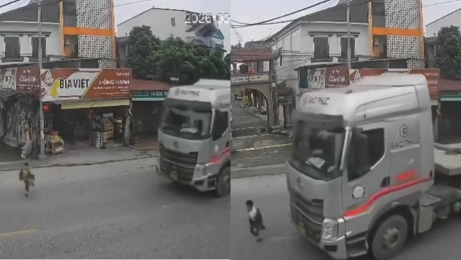 Cậu bé chạy băng qua đường đúng lúc container lao đến, camera ghi lại khoảnh khắc bủn rủn tay chân