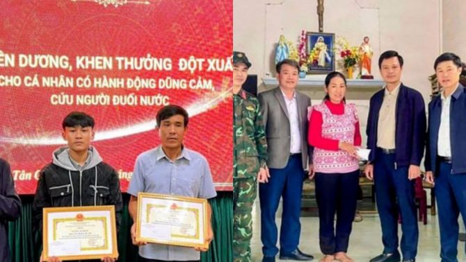 Khen thưởng hai cha con dũng cảm lao xuống dòng nước xiết cứu sống 3 người trong vụ chìm thuyền