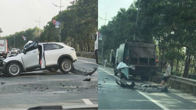 Hà Nội: Hiện trường ô tô con vỡ nát phần đầu, biến dạng sau khi tông mạnh vào đuôi xe rác