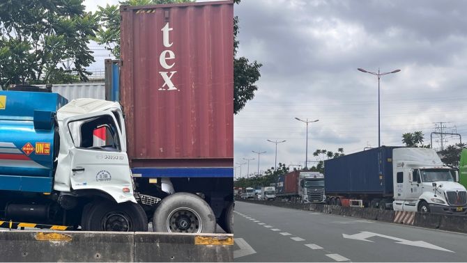 TP HCM: Hiện trường xe bồn tông đuôi container dừng đèn đỏ, tài xế mắc kẹt trong cabin, tắc dài hơn 1 km