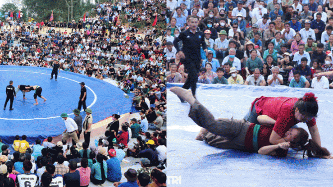 Tình hình của nữ đô vật ở hội làng Nghệ An sau khi bị đối thủ quật mạnh phải lập tức dừng trận đấu