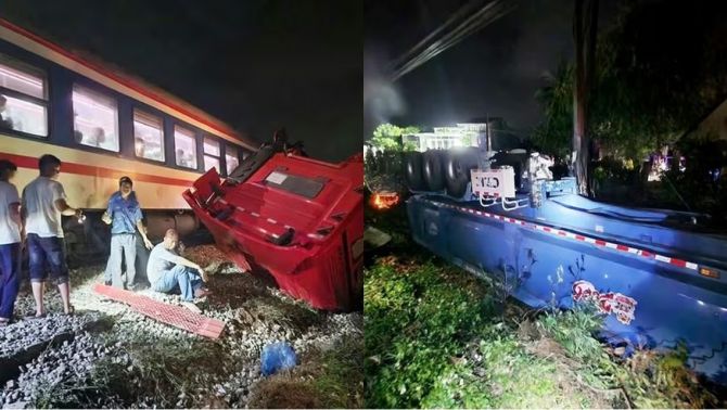 Camera vụ xe tải vượt rào chắn bị tàu hỏa tông gãy đôi ở Quảng Ngãi, 2 người nhập viện là ai?