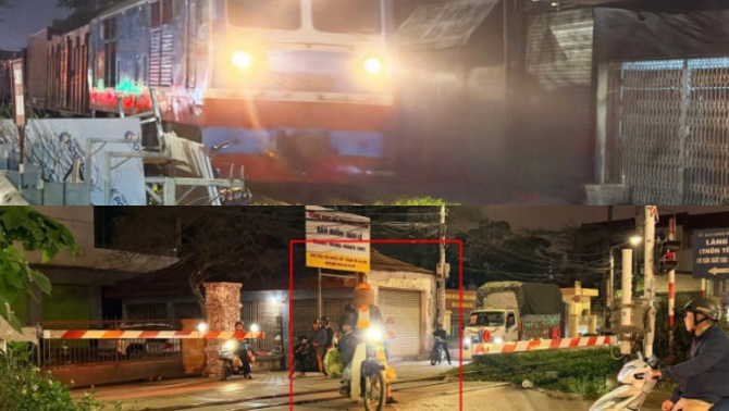 Bất chấp còi báo tàu sắp đến, nhiều xe máy vẫn liều mình vượt rào chắn đoạn Ngọc Hồi, Hà Nội