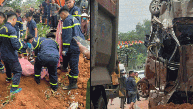 Hiện trường xe tải chở đất bất ngờ lật nghiêng, nghiền nát ô tô con và xe máy khiến 2 người tử vong