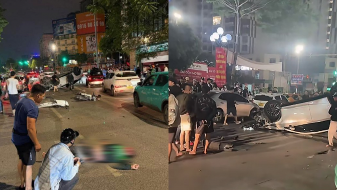 Hiện trường vụ tai nạn ở Cầu Giấy, Hà Nội: Xe ô tô lật ngửa nằm lăn lóc giữa đường, xe máy tan tành