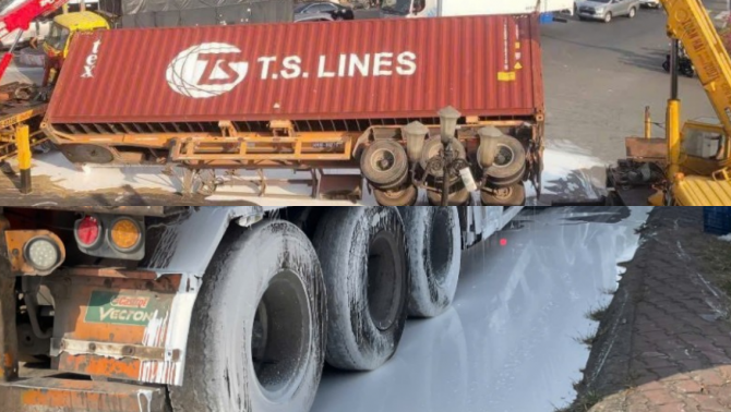 Container chở sơn lật ngang trên đường Đỗ Mười: Sơn đổ trắng đường, tài xế phải đập cửa thoát thân