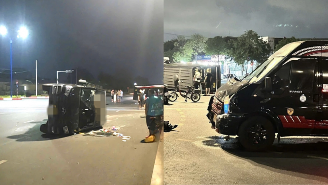 TPHCM: Hai xe 16 chỗ va chạm giữa ngã tư, một phương tiện lật nhào