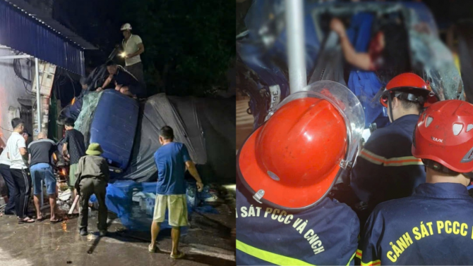 Hải Phòng: Xe tải lật, cabin biến dạng, 2 người mắc kẹt lúc rạng sáng