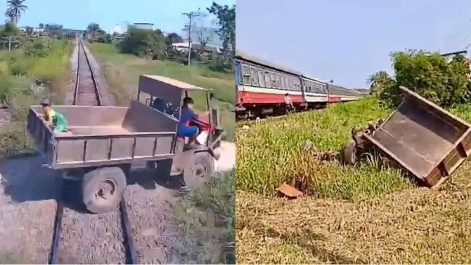 3 ông cháu thương vong sau khi vượt đường sắt bằng công nông, camera ghi lại cảnh xe văng chục mét