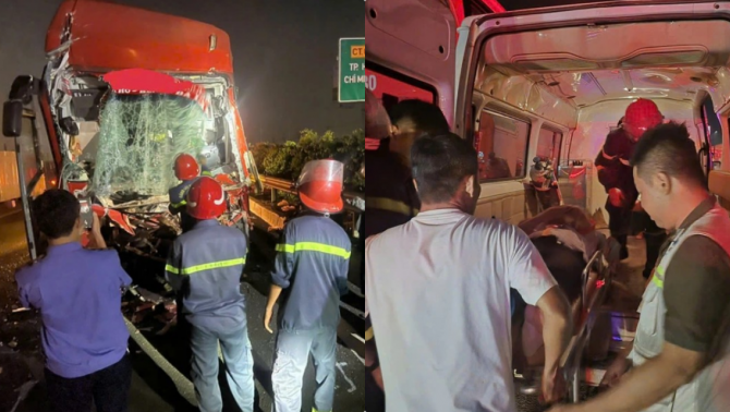 Hiện trường vụ tai nạn trên cao tốc TP.HCM – Long Thành: Xe khách 'dập đầu' xe đầu kéo, tài xế tử vong