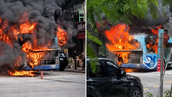 Đang lưu thông trên phố Lý Thường Kiệt, xe buýt bất ngờ hóa 'biển lửa' khiến nhiều người thót tim