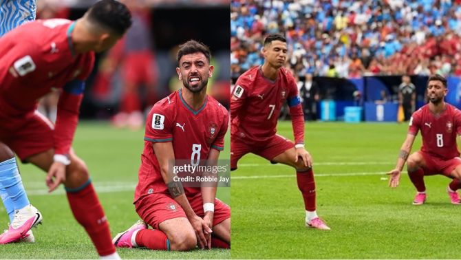 Bruno Fernandes giận đỏ mặt vì Ronaldo giành cơ hội vàng rồi sút trượt trong trận hòa đáng xấu hổ của Bồ Đào Nha?