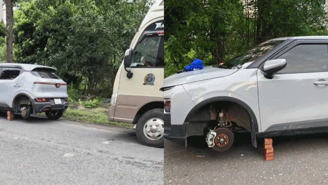 Hà Nội: Chủ xe hoang mang khi phát hiện xe ô tô bị tháo mất 2 bánh, hiện trường vụ việc gây ngỡ ngàng