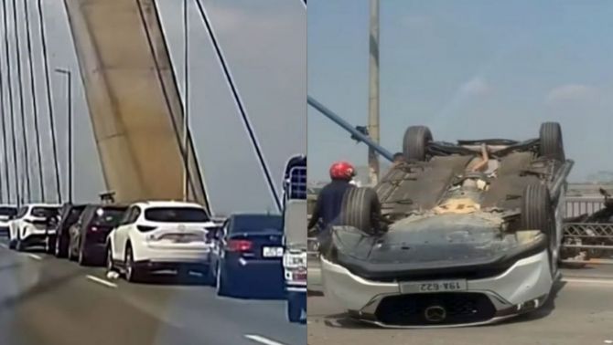 Hiện trường hai vụ tai nạn cách nhau 100m trên cầu Nhật Tân, giao thông đi Nội Bài ùn tắc