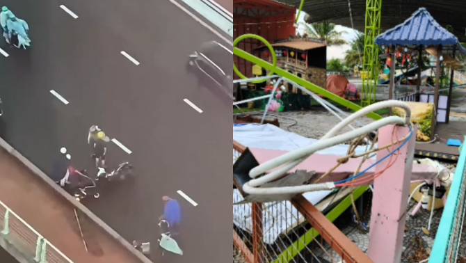 Khoảnh khắc gió giật mạnh ở Đà Nẵng: Nhà phao bay lên cao, trụ đèn đổ ngã, người đi đường chao đảo