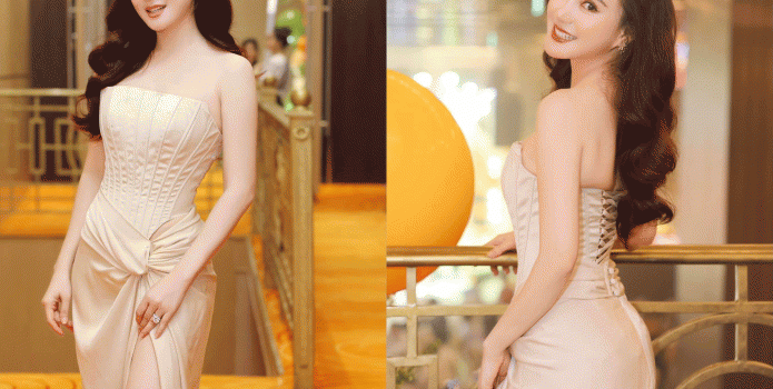 Vy Oanh xuất hiện xinh đẹp với váy dạ hội bó sát khoe trọn vòng eo phẳng lỳ cùng chân dài miên man