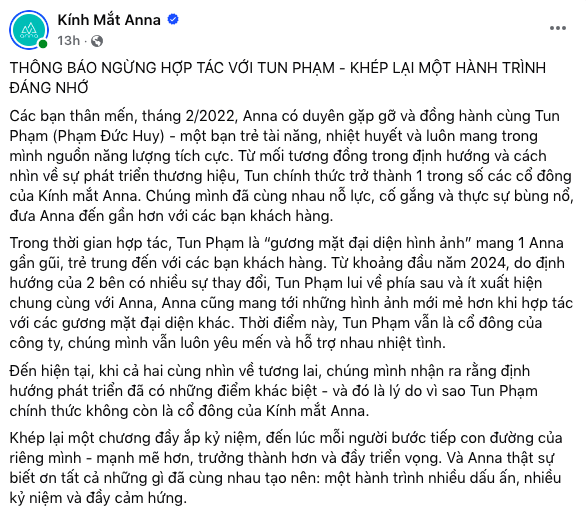 Kính mắt Anna ngừng hợp tác với Tun Phạm, khẳng định không còn là cổ đông, vì sao lại 'đường ai nấy đi'? A%CC%89nh%20chu%CC%A3p%20Ma%CC%80n%20hi%CC%80nh%202025 07 17%20lu%CC%81c%2022 49 57