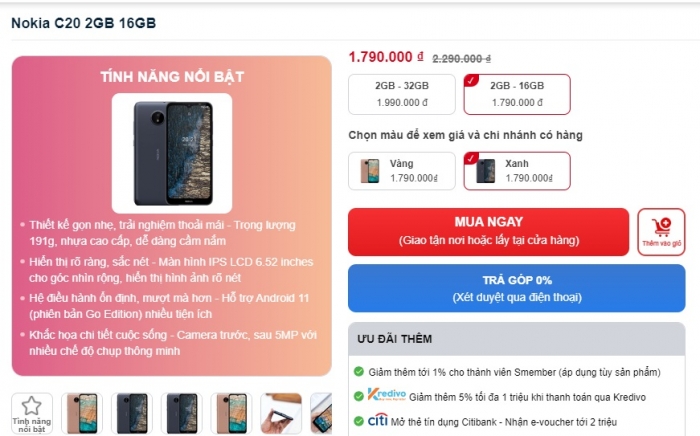 Giá Nokia C20 tháng 8/2022