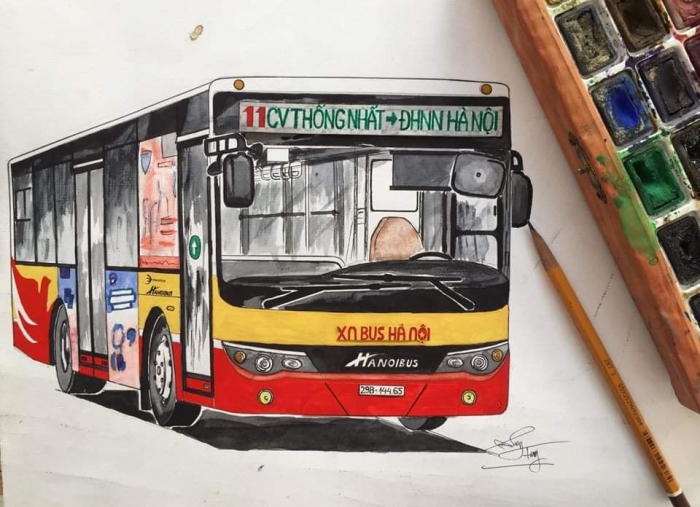 Bộ sưu tập tranh vẽ đặc biệt về xe bus Hà Nội lay động trái tim hàng triệu người Việt Nam