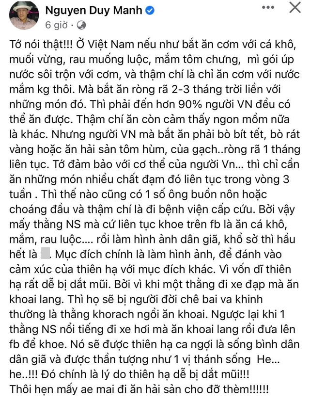 Duy Mạnh nói thẳng việc nghệ sĩ ăn cá khô, rau luộc khi kêu gọi từ thiện 1