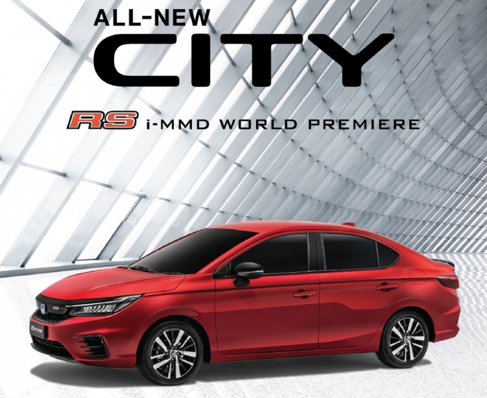 Honda City 2020 thế hệ thứ năm, xe màu đỏ, kính đen, dòng chữ CITY màu đen
