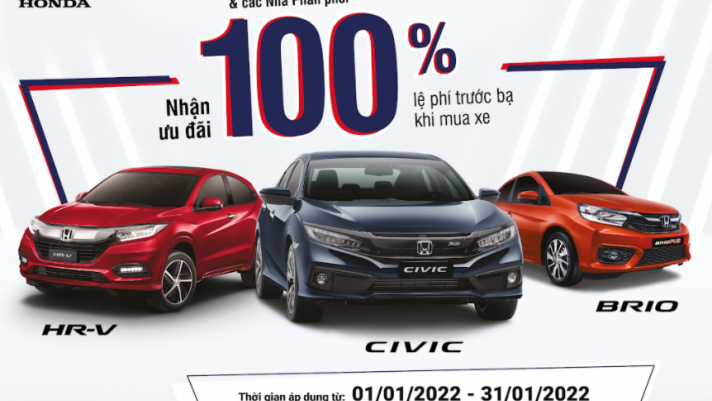 Honda chơi lớn: Hỗ trợ 100% phí trước bạ cho khách mua Civic, HR-V và Brio trong tháng 1/2022