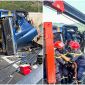 Hiện trường ớn lạnh vụ xe tải bị lật trên đường cao tốc Nha Trang - Cam Lâm, 2 người bị kẹt trong cabin tử vong